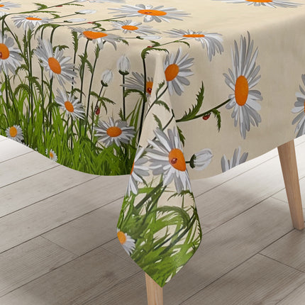 abwaschbare Wachstuch Tischdecke Bordürenmuster Gänseblümchen Blüten kevkus
