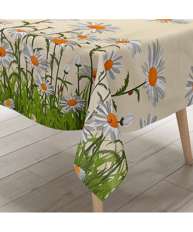abwaschbare Wachstuch Tischdecke Bordürenmuster Gänseblümchen Blüten kevkus
