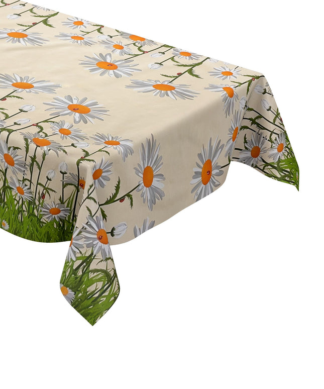abwaschbare Wachstuch Tischdecke Bordürenmuster Gänseblümchen Blüten kevkus