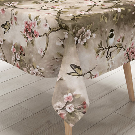 Wachstuchtischdecke Kirschblüte Meise taupe wachstuchshop24.de