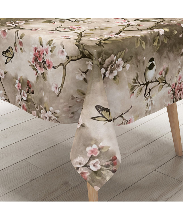 Wachstuchtischdecke Kirschblüte Meise taupe wachstuchshop24.de