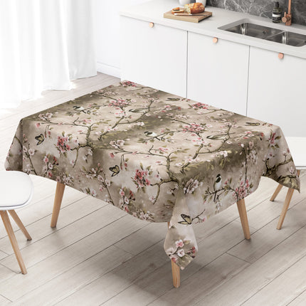 Wachstuchtischdecke Kirschblüte Meise taupe wachstuchshop24.de