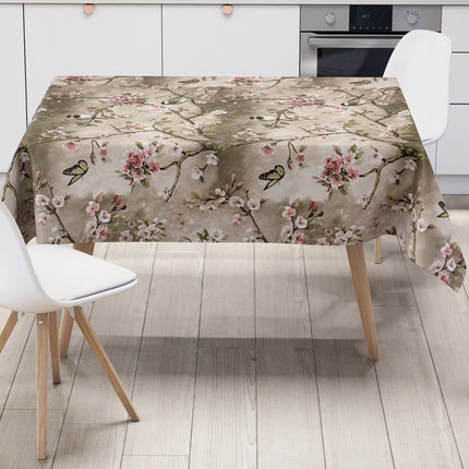 Wachstuchtischdecke Kirschblüte Meise taupe wachstuchshop24.de