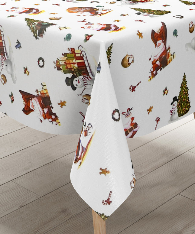 Wachstuch Tischdecke Weihnachten 01334-03 Schneemann Weihnachtsmann weiß - Größe, Form und Einfassung frei wählbar