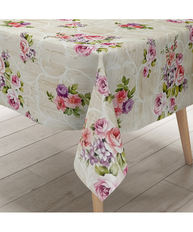 Wachstuch Tischdecke Rosen Blüten beige Holz