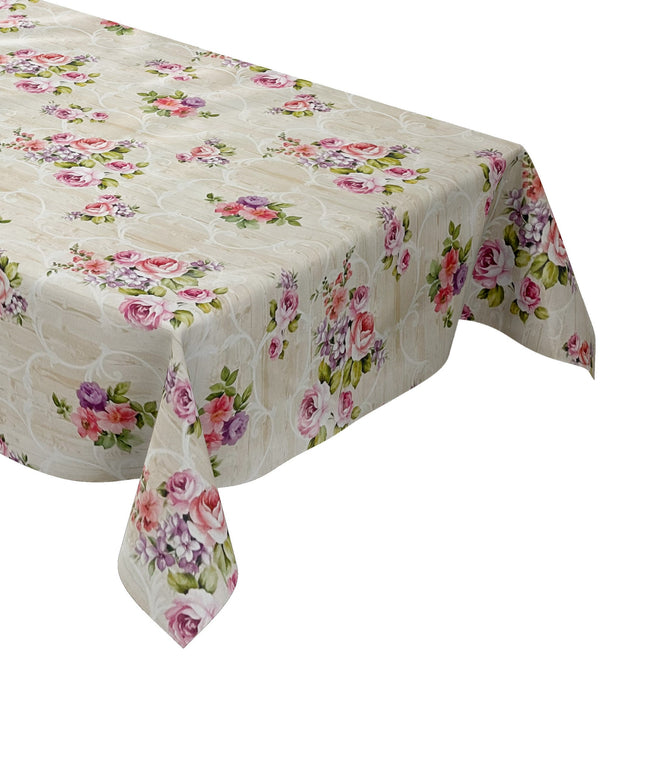 Wachstuch Tischdecke Rosen Blüten beige Holz