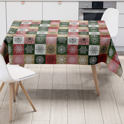 KEVKUS Wachstuch Tischdecke Weihnachten 01355-05 Schneeflocken Karo rot grün gold eckig rund oval