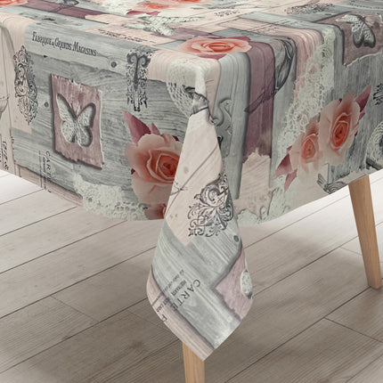 Wachstuch Tischdecke 01375-02 grau rosa Rosen auf Holz Schmetterling Schlüssel eckig rund oval