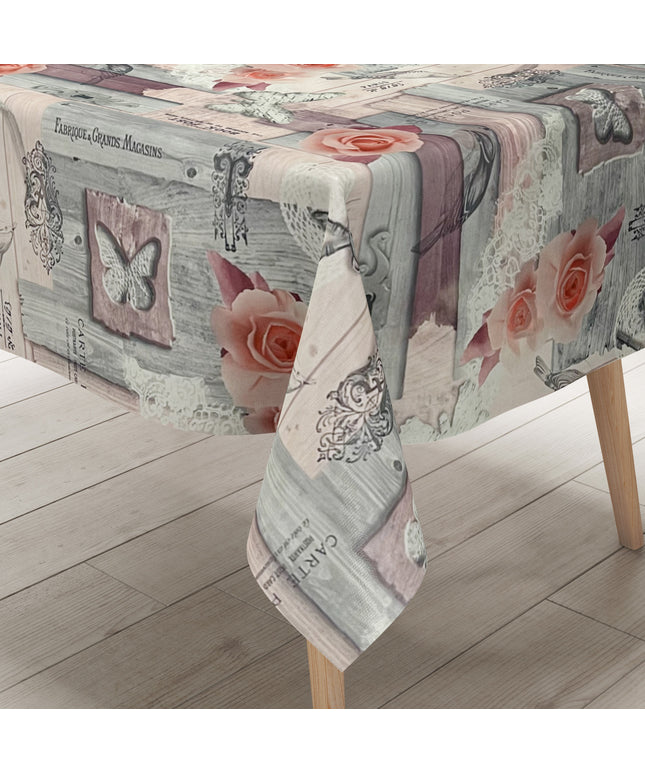 Wachstuch Tischdecke 01375-02 grau rosa Rosen auf Holz Schmetterling Schlüssel eckig rund oval