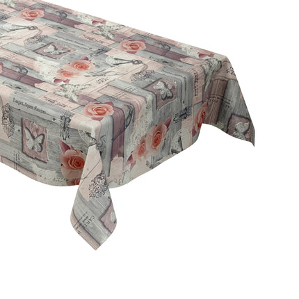 Wachstuch Tischdecke 01375-02 grau rosa Rosen auf Holz Schmetterling Schlüssel eckig rund oval