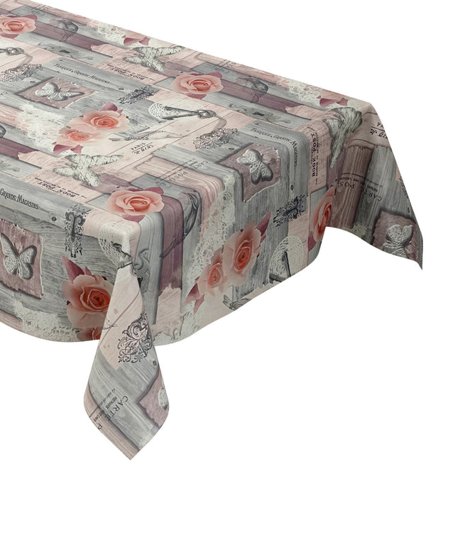 Wachstuch Tischdecke 01375-02 grau rosa Rosen auf Holz Schmetterling Schlüssel eckig rund oval