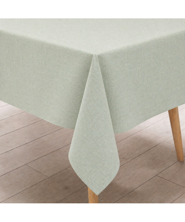 Mintgrüne Wachstuch-Tischdecke in dezenter Leinenoptik auf einem Tisch. Die einfarbige Oberfläche wirkt schlicht, modern und natürlich, mit feiner Struktur und weichem Fall über die Tischkante.
