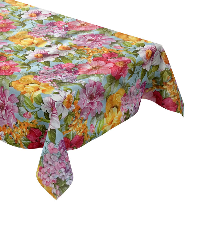 Wachstuch Tischdecke Blumen auf hellblau