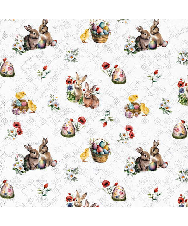 Wachstuch-Tischdecke mit Osterdessin auf weißem Hintergrund mit feinen silberfarbenen Ornamenten. Das Muster zeigt niedliche Hasen, flauschige Küken, bunte Ostereier in Körbchen sowie zarte Frühlingsblumen und Blütenzweige. Die liebevoll gestalteten Motive in harmonischen Pastelltönen verleihen der Tischdecke eine freundliche, frühlingshafte und festliche Ausstrahlung.