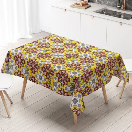 Wachstuch Tischdecke 06213-01 gelb bordeauxrot Fliesen Mosaik Zitronen eckig rund oval abwischbar