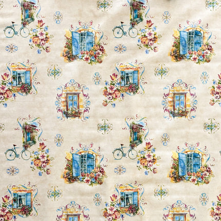 Wachstuch Tischdecke Fenster Fahrrad Blumen