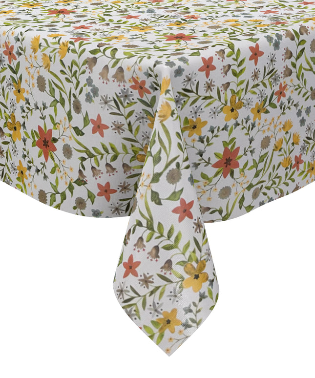 Weiße Wachstuch-Tischdecke mit zartem Blumenwiesen-Muster in Gelb, Apricot, Creme und Grau sowie grünen Blättern und Ranken in natürlicher Aquarell-Optik.
