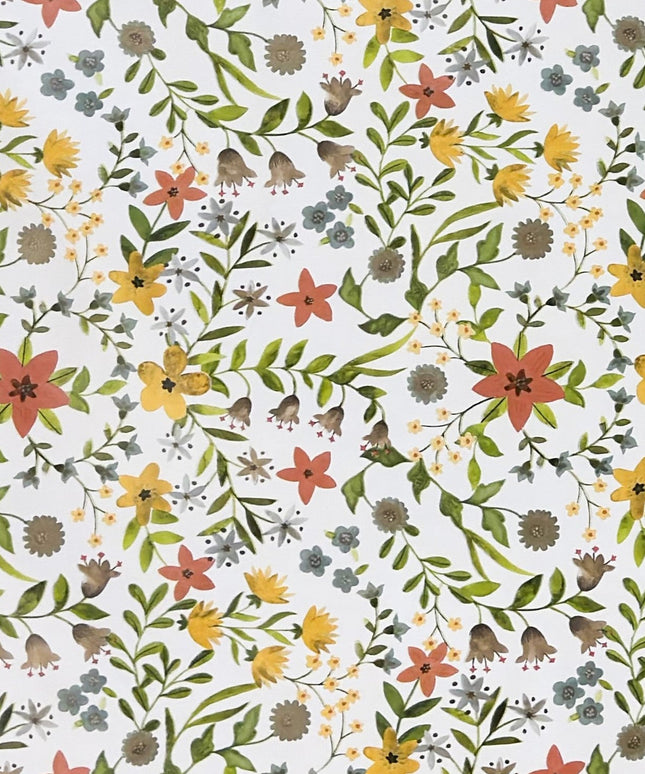 Weiße Wachstuch-Tischdecke mit zartem Blumenwiesen-Muster in Gelb, Apricot, Creme und Grau sowie grünen Blättern und Ranken in natürlicher Aquarell-Optik.