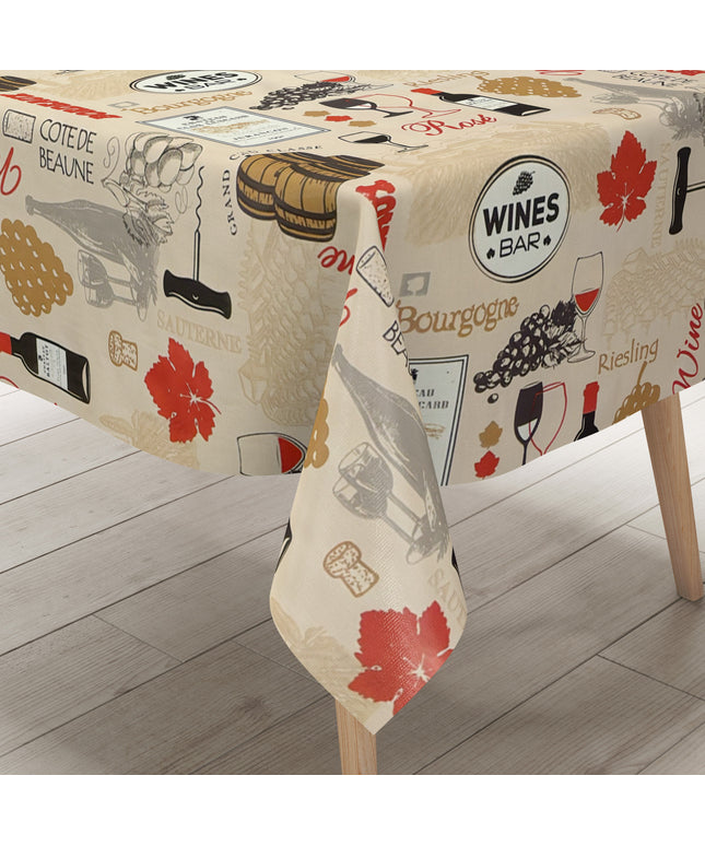 Wachstuch-Tischdecke mit dekorativem Weinmotiv auf cremefarbenem Hintergrund