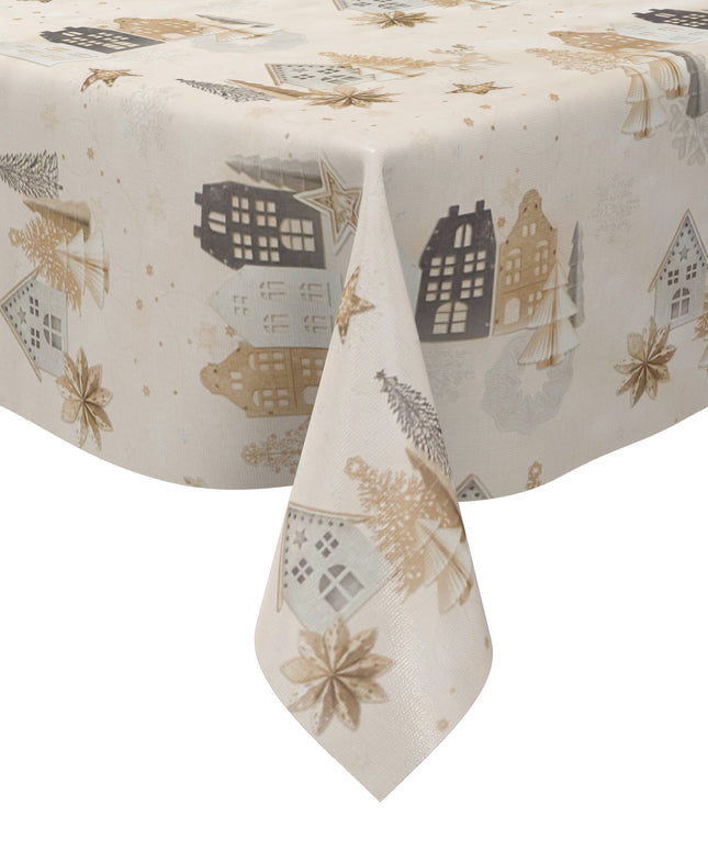 Wachstuch Tischdecke 06378-01 beige Weihnachten Advent Winterdorf - Größe, Form und Einfassung frei wählbar