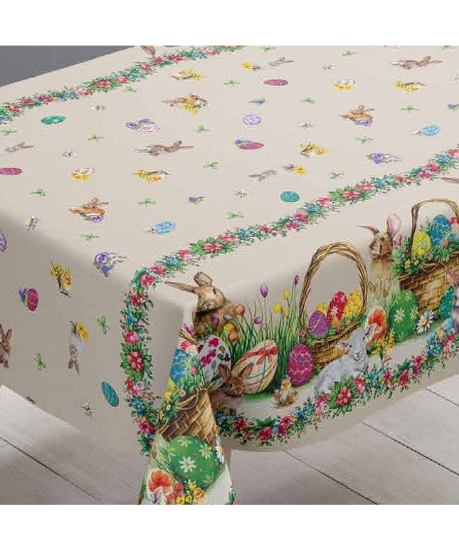Wachstuch Tischdecke 113A beige Ostern Osterhase Osterei Bordürenmuster eckig rund oval