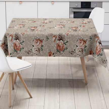 Wachstuch-Tischdecke mit romantischem Rosenmuster auf taupefarbenem Hintergrund. Große Blüten in Rosé-, Apricot- und Cremetönen sowie zarte Blätter verleihen dem floralen Design einen eleganten Vintage- und Landhausstil.