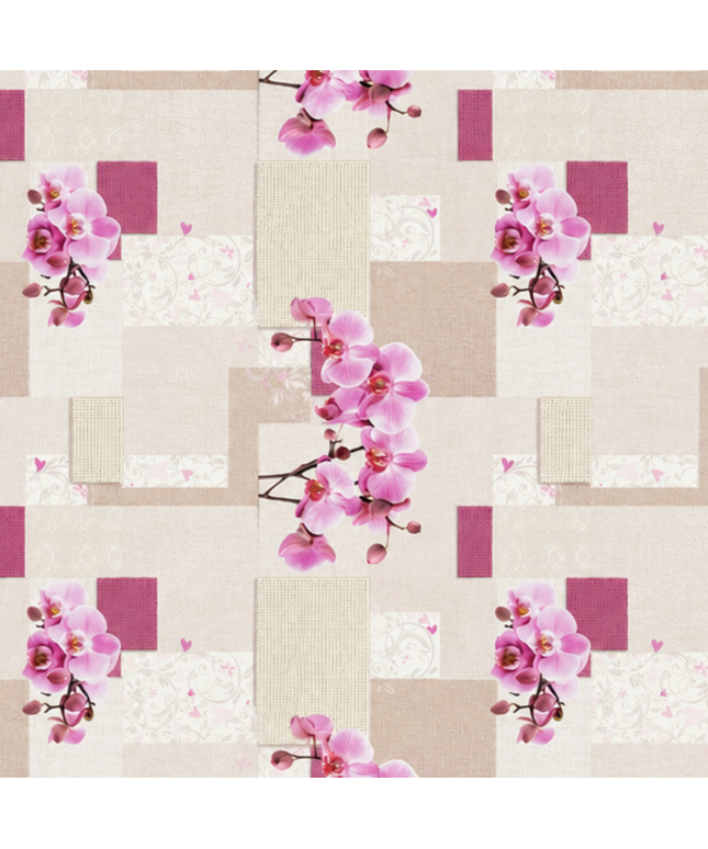 Rechteckiges Wachstuch mit hellem Beige- und Cremeton als Hintergrund, dekoriert mit großen rosa Orchideenblüten, pinkfarbenen Akzenten und einem modernen Patchwork-Muster aus Quadraten, Rechtecken und dezenten floralen Ornamenten. Die Tischdecke wirkt freundlich, elegant und romantisch.