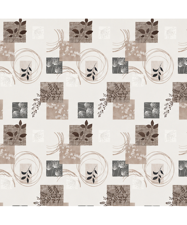 Wachstuch-Tischdecke mit herbstlichem Patchwork-Muster in Beige, Taupe, Braun und Grau. Dekorative Quadrate mit Blättern, Pflanzenmotiven, floralen Elementen und geschwungenen Linien verteilen sich gleichmäßig auf hellem Hintergrund. Das warme Design wirkt natürlich, modern und gemütlich und eignet sich ideal für eine stilvolle Herbstdekoration auf dem Esstisch.