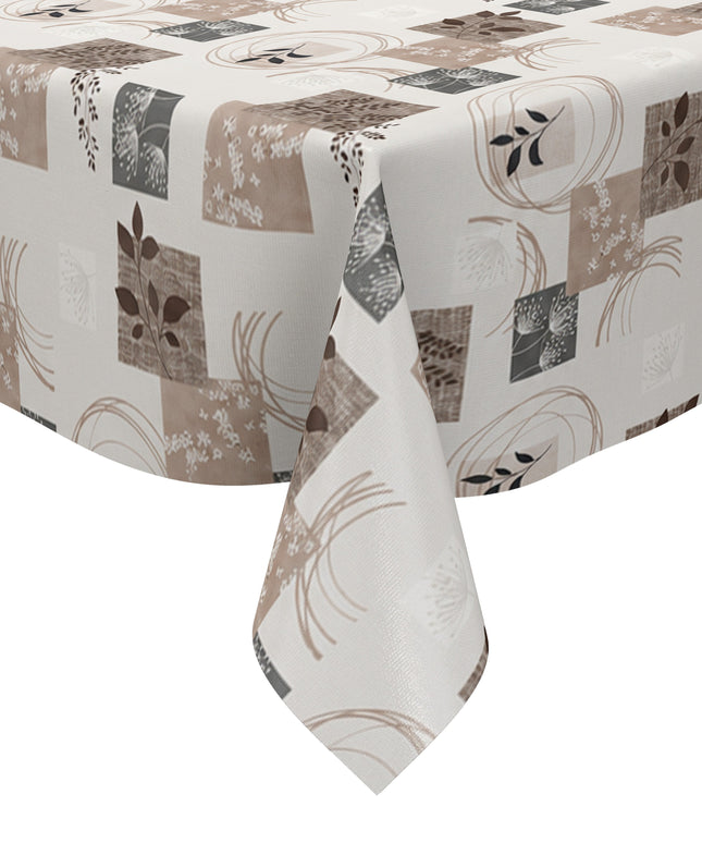 Wachstuch-Tischdecke mit herbstlichem Patchwork-Muster in Beige, Taupe, Braun und Grau. Dekorative Quadrate mit Blättern, Pflanzenmotiven, floralen Elementen und geschwungenen Linien verteilen sich gleichmäßig auf hellem Hintergrund. Das warme Design wirkt natürlich, modern und gemütlich und eignet sich ideal für eine stilvolle Herbstdekoration auf dem Esstisch.