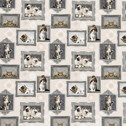 Wachstuch-Tischdecke mit cremefarbenem Hintergrund und dekorativem Katzenmotiv im Vintage-Stil. Verschiedene Katzenporträts in grauen und silbernen Bilderrahmen sind gleichmäßig über die Tischdecke verteilt. Das Design zeigt flauschige Kätzchen und neugierige Katzen mit dezenten Ornamentmustern zwischen den Rahmen.