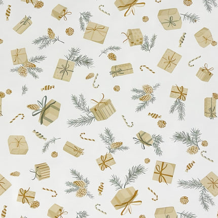 weihnachtliche Wachstuch Tischdecke mit Geschenken und Tannenzapfen auf beige