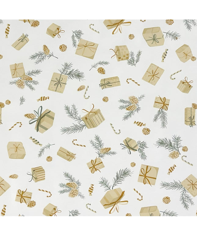 weihnachtliche Wachstuch Tischdecke mit Geschenken und Tannenzapfen auf beige