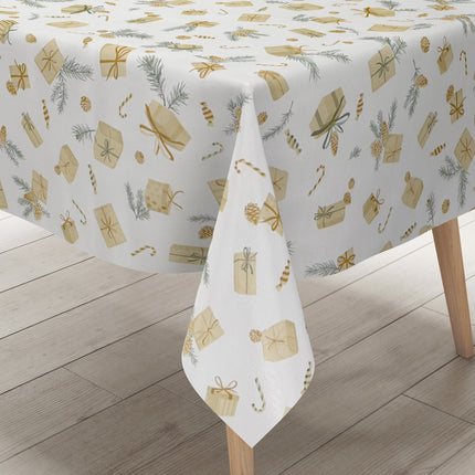 weihnachtliche Wachstuch Tischdecke mit Geschenken und Tannenzapfen auf beige