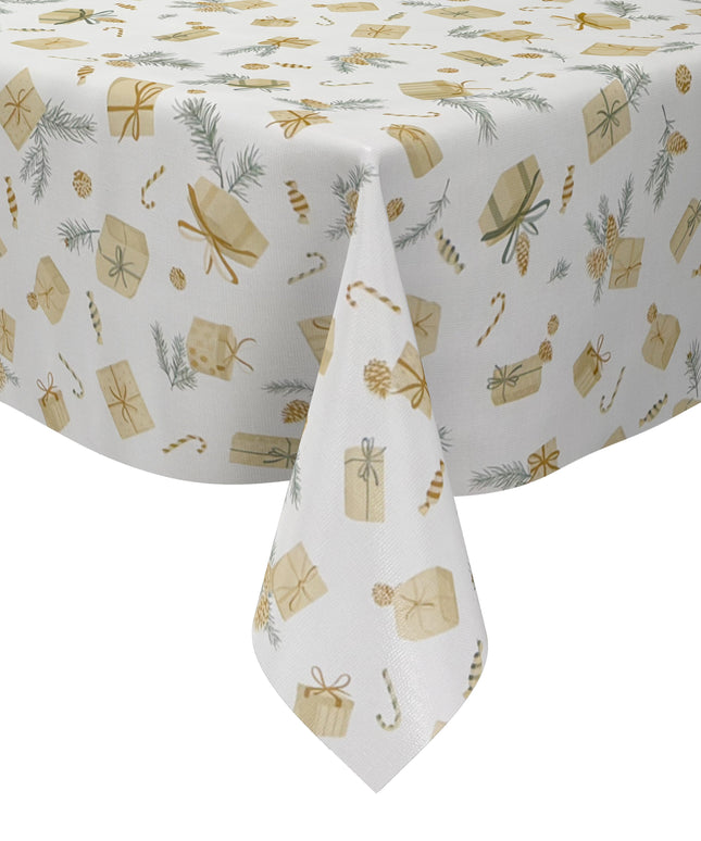 weihnachtliche Wachstuch Tischdecke mit Geschenken und Tannenzapfen auf beige