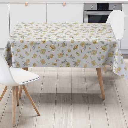 weihnachtliche Wachstuch Tischdecke mit Geschenken und Tannenzapfen auf beige