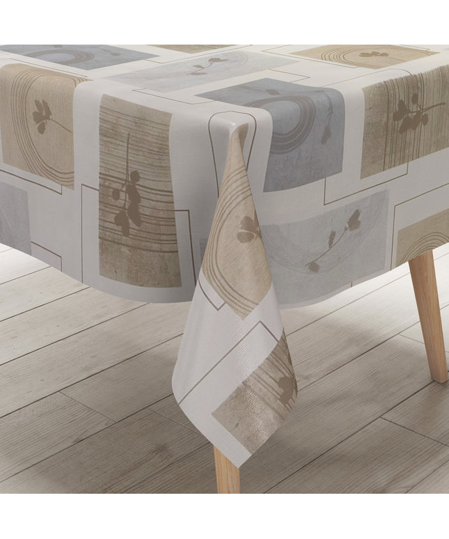 Wachstuch Tischdecke Modern Beige Grau – Grafisches Naturdesign mit Blättermotiv