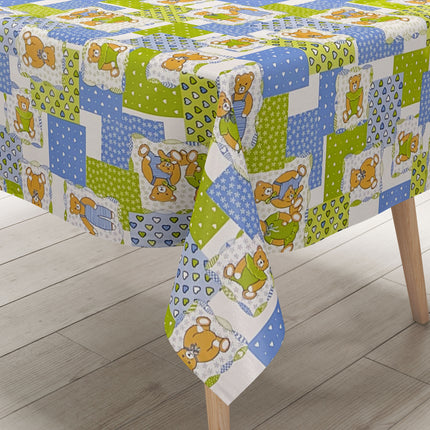 Wachstuch Tischdecke 4068-36 Teddy Kindermotiv hellgrün hellblau eckig rund oval