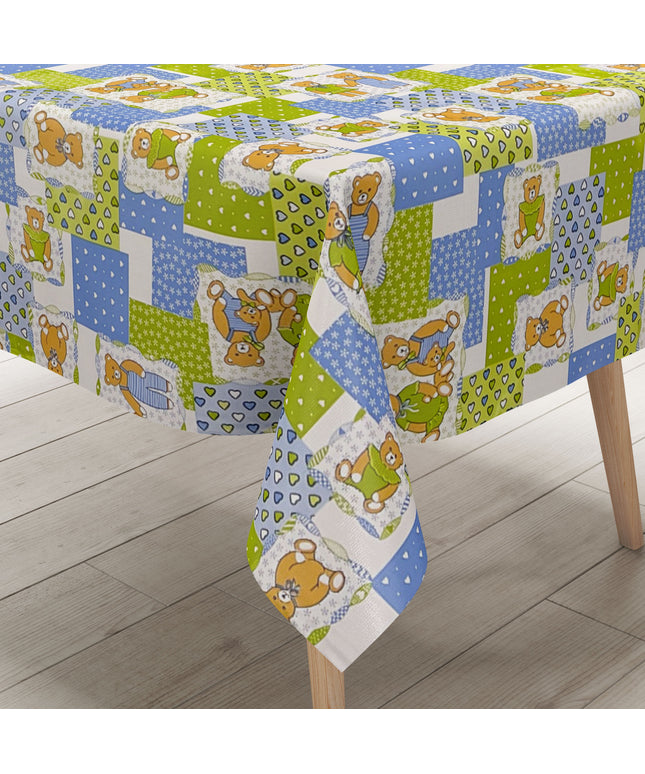 Wachstuch Tischdecke 4068-36 Teddy Kindermotiv hellgrün hellblau eckig rund oval