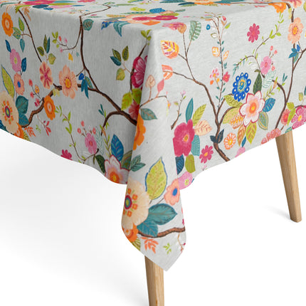 Jacquard Tischdecke aus beschichteter Baumwolle mit Fleckenschutz AMA02 grau retro Blumen - Größe, Form und Einfassung frei wählbar