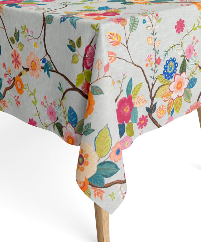 Jacquard Tischdecke aus beschichteter Baumwolle mit Fleckenschutz AMA02 grau retro Blumen - Größe, Form und Einfassung frei wählbar