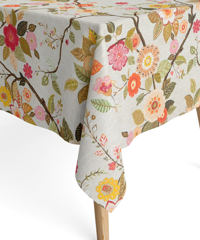 Jacquard Tischdecke aus beschichteter Baumwolle mit Fleckenschutz AMA05 beige retro Blumen - Größe, Form und Einfassung frei wählbar
