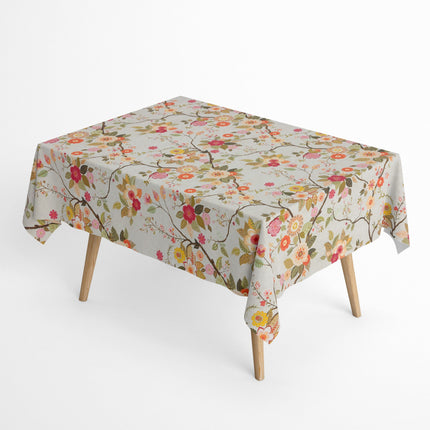 Jacquard Tischdecke aus beschichteter Baumwolle mit Fleckenschutz AMA05 beige retro Blumen - Größe, Form und Einfassung frei wählbar