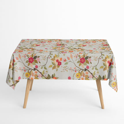 Jacquard Tischdecke aus beschichteter Baumwolle mit Fleckenschutz AMA05 beige retro Blumen - Größe, Form und Einfassung frei wählbar