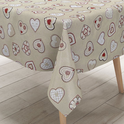 abwaschbare Wachstuch Tischdecke eckig rund oval Landhaus Herzen beige Stricke Almeckig rund oval kaufen