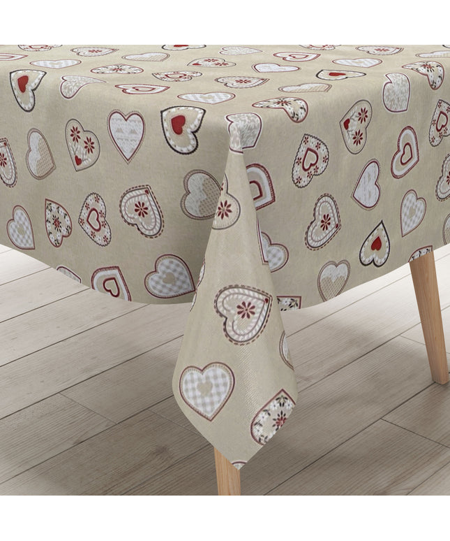 abwaschbare Wachstuch Tischdecke eckig rund oval Landhaus Herzen beige Stricke Almeckig rund oval kaufen
