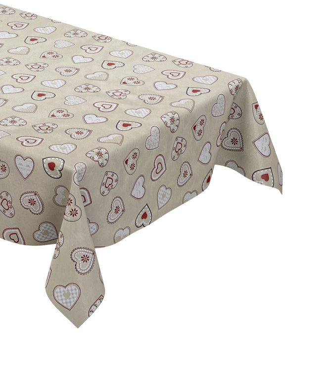 abwaschbare Wachstuch Tischdecke eckig rund oval Landhaus Herzen beige Stricke Almeckig rund oval kaufen