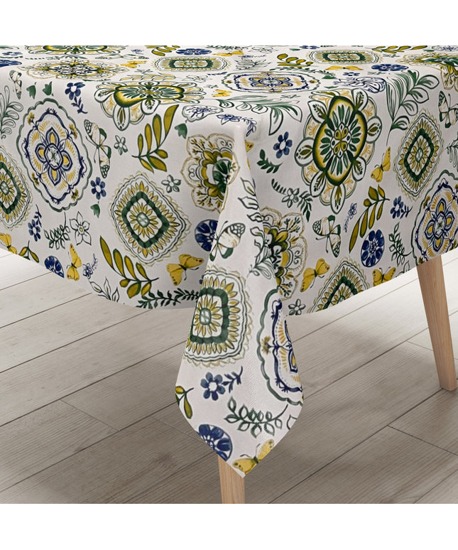 Wachstuch Tischdecke 160 cm Breite Übergröße B3013-02 Mandala Ornamente Blumen blau grün gelb eckig rund oval