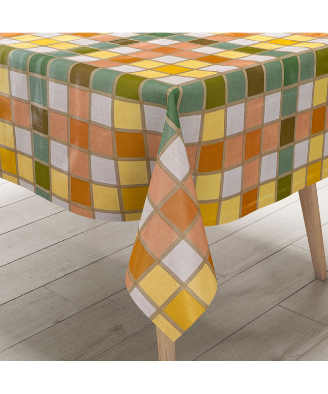 abwaschbare Tischdecke, Wachstuchtischdecke, Wachstuch, eckig rund oval Fliesen Mosaik orange grün gelb 