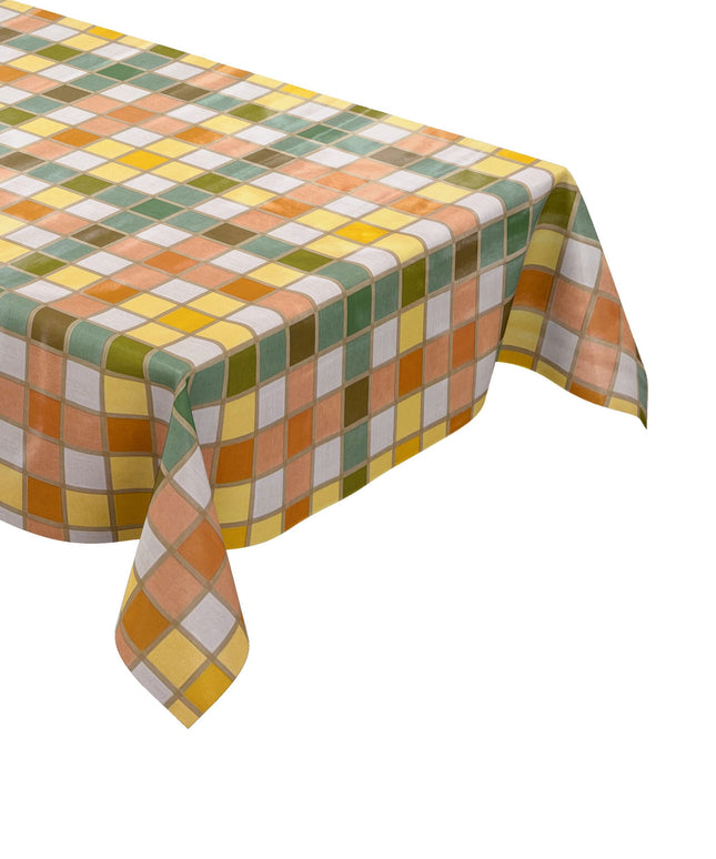abwaschbare Tischdecke, Wachstuchtischdecke, Wachstuch, eckig rund oval Fliesen Mosaik orange grün gelb 