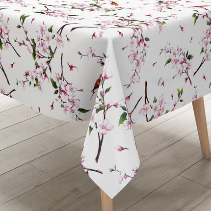 Wachstuch Tischdecke B3888-01 Kirschblüten Meise auf weiss - Größe & Form & Einfassung wählbar
